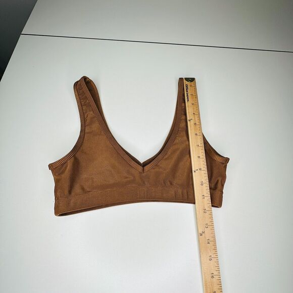Weworewhat Brown V-Neck Form Fitting Stretch Pullover Ribbed Sports Bra Medium - Picture 8 of 13